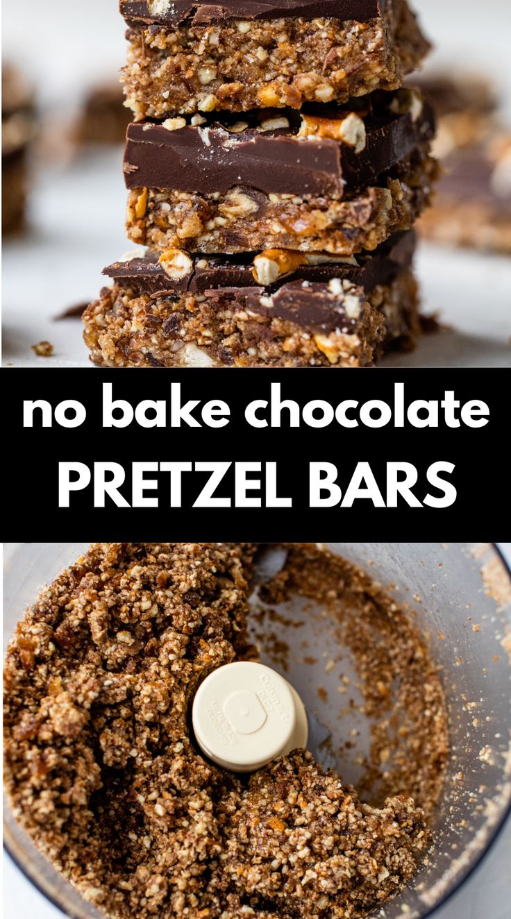 no bake chocolate pretzel bars stacked on top of each other in a food processor