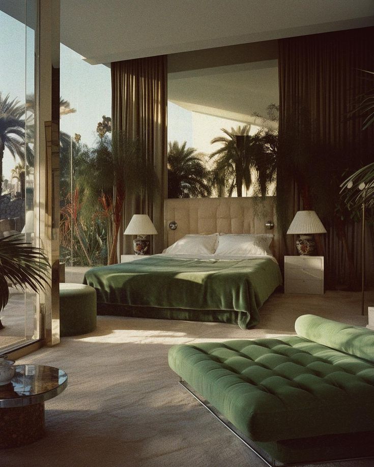 a bedroom with green bedding and palm trees