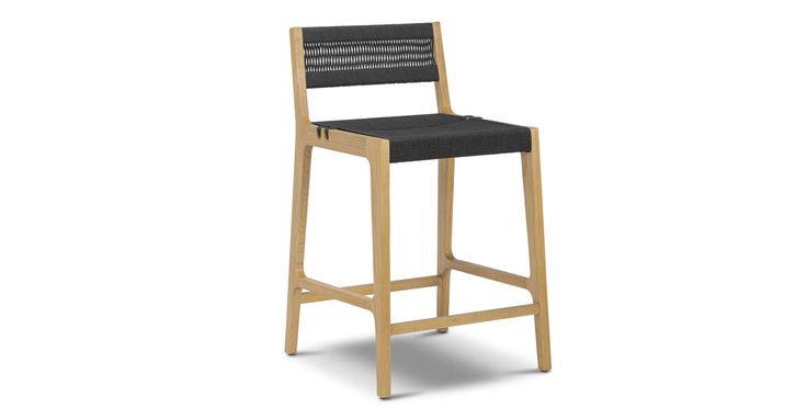 a wooden bar stool with black seat and backrests on an isolated white background