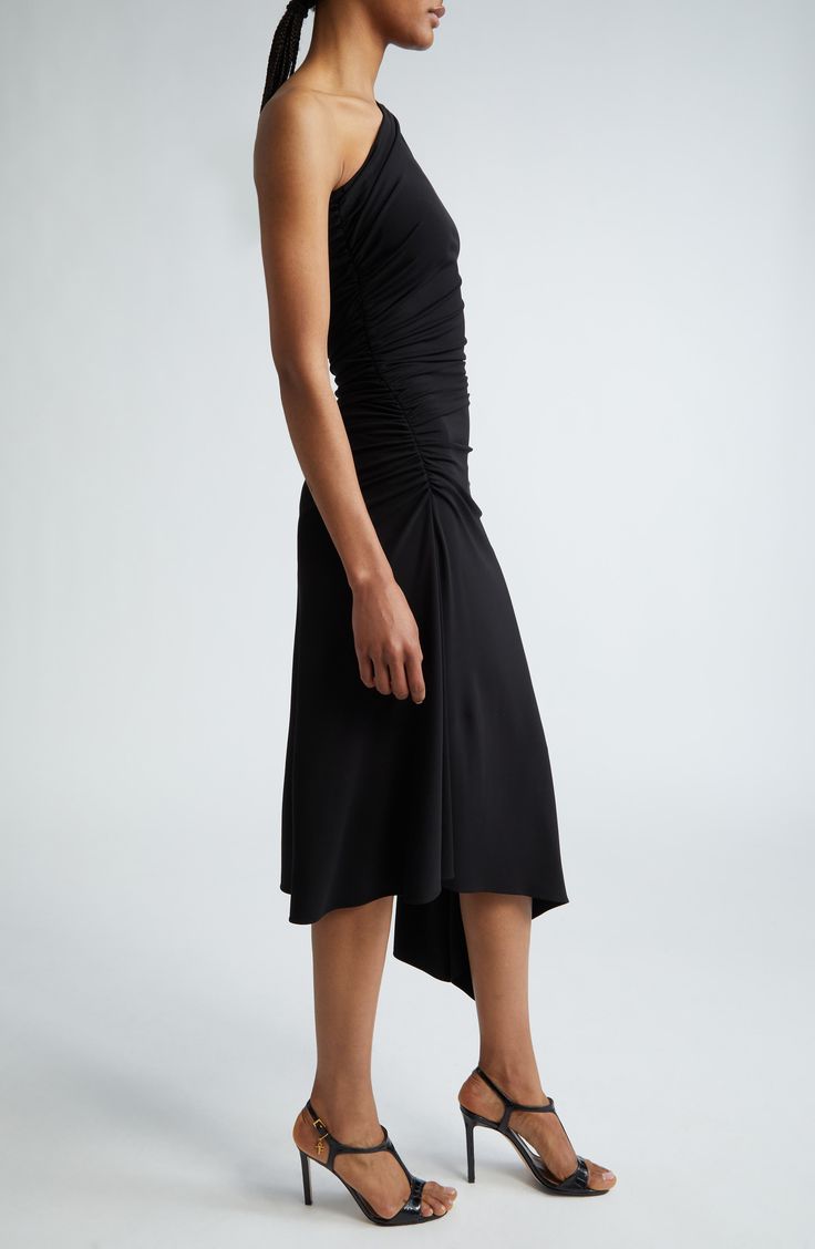 Captivate from and with every angle in this one-shoulder midi featuring an oppositely sloped asymmetric hem and ruching to elegantly enhance the drape. 48" to 58" length (size 12) Hidden side-zip closure One-shoulder neck 95% viscose, 5% elastane Dry clean Made in Italy Designer Clothing Chic Ruched Dress With Asymmetrical Skirt, Chic One Shoulder Draped Ruched Dress, Fitted One Shoulder Dress With Ruched Asymmetrical Hem, Asymmetrical Midi Dress With Ruched Bodice For Formal Occasions, Formal Asymmetrical Midi Dress With Ruched Bodice, Ruched Midi Dress With Asymmetrical Hem For Evening, Ruched Asymmetrical Draped Dress For Evening, Fitted Asymmetrical Ruched Dress, Evening Dresses With Ruched Asymmetrical Skirt