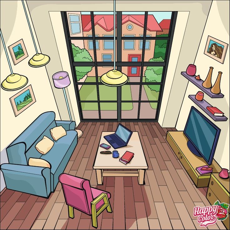 a cartoon living room with couches, coffee table and television in front of a large window