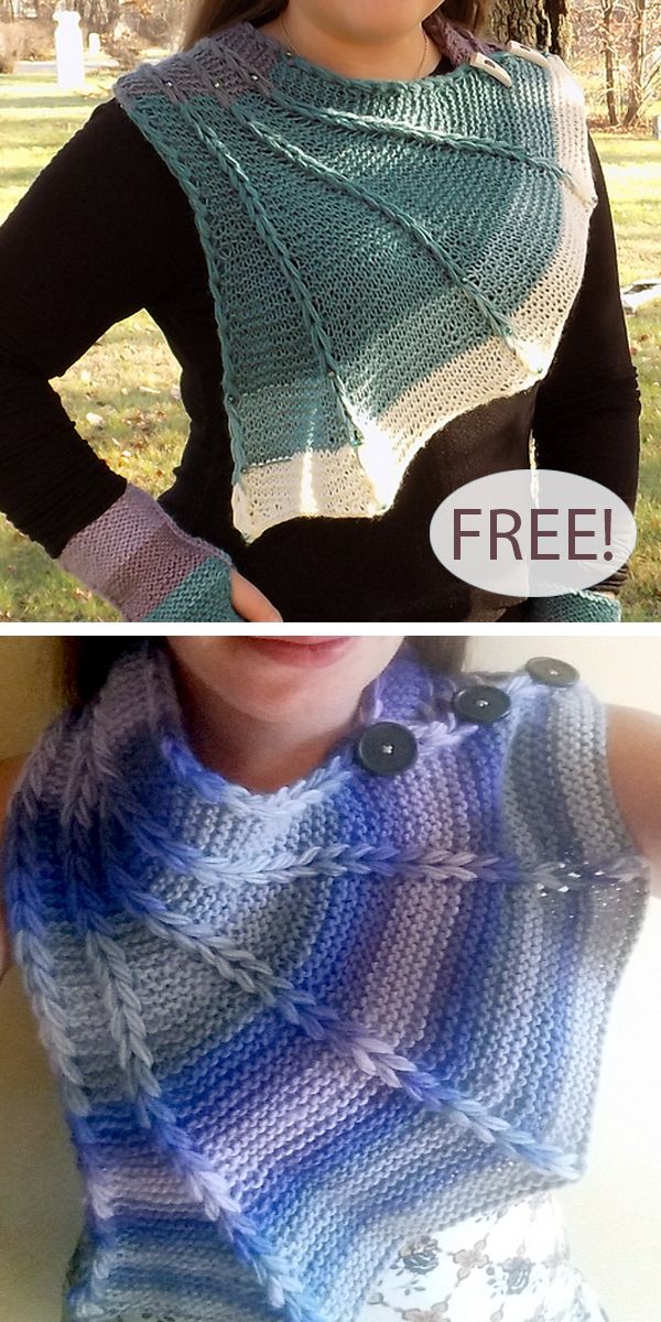 two pictures one has a woman wearing a knitted sweater and the other has a free knitting pattern