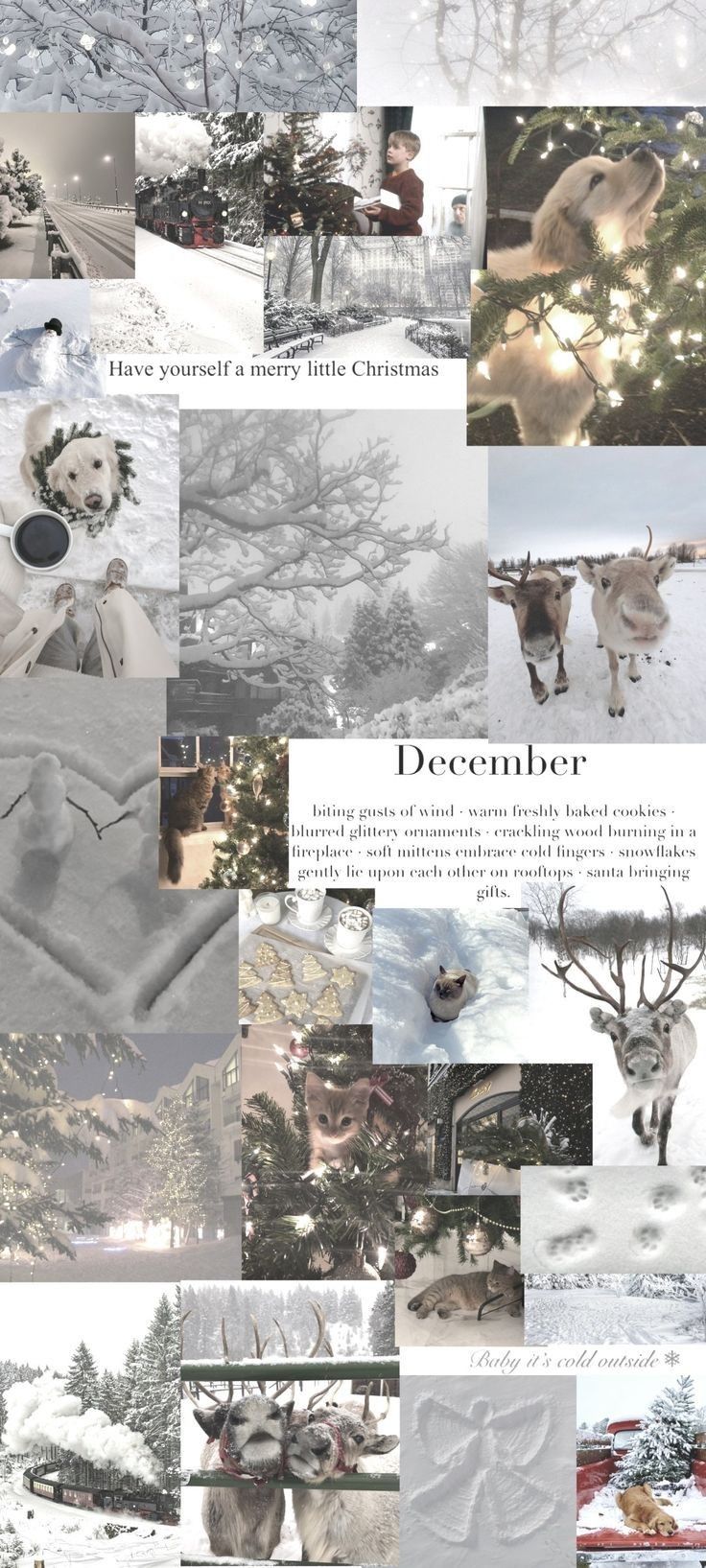 a collage of pictures with animals and trees in the snow, including deers