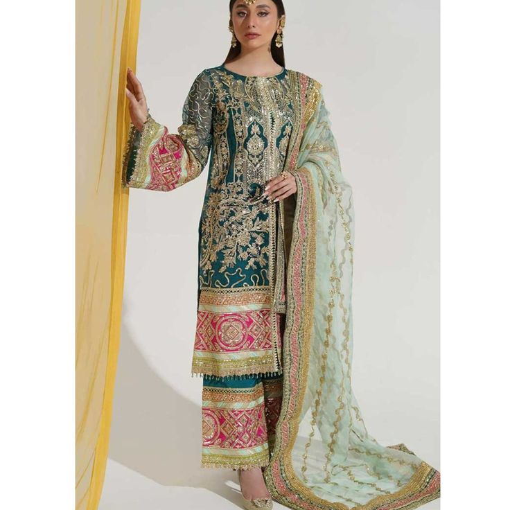 Brand New, Never Worn, With Tags! 3 Piece Organza Set. Size Small. Comes With Kameez / Shirt, Wide Leg Trouser, And Dupatta. Adorned In Beading, Ruffles, And Embroidery. Teal; Pink, Mint Green, And Peach Accents. Features Patch Work All Over. Perfect For Party, Dholki, Mehndi, And Wedding Guest Occasions! ---- Pakistan India Sharara Gharara Salwar Kameez Saree Choli Lehenga ******* Pacsun Bdg Brandy Melville Asos Zara Mango Anthropologie Out From Under Madewell Free People Cotton On Kimchi Blue Pakistani Boutique, Pakistani Designer Clothes, Traditional Embroidery, Organza Sleeves, Embroidered Organza, Luxe Wedding, Formal Dresses For Weddings, Organza Dupatta, Pakistani Designers