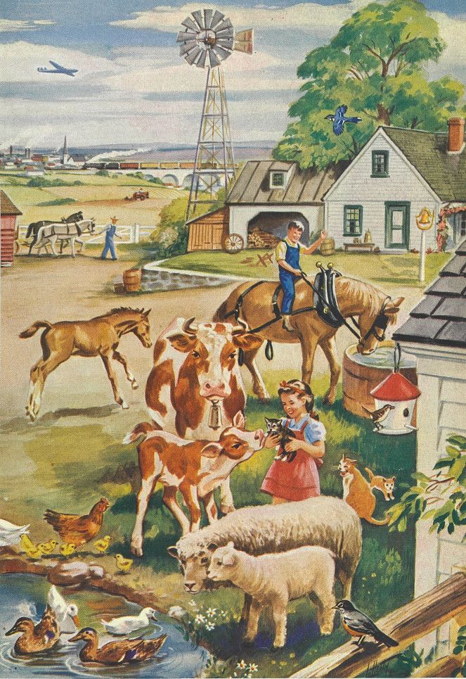 a painting of people and animals in a farmyard with windmills on the far side