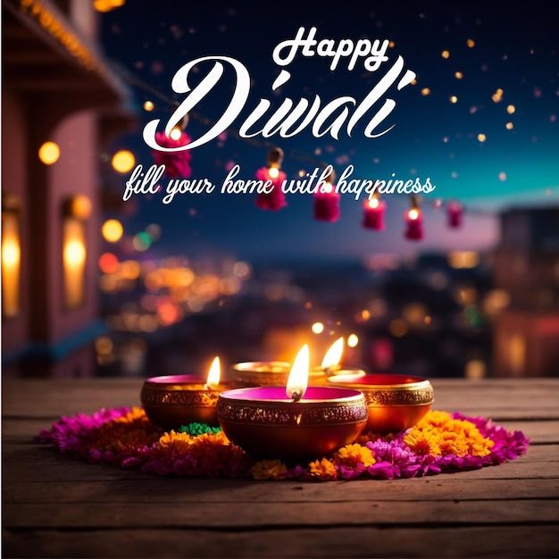 happy diwali greeting card with two lit candles on wooden table in front of cityscape