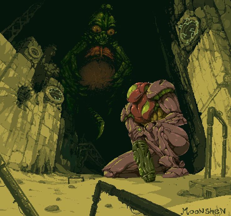 a cartoon character kneeling in front of a giant monster with his head on the ground