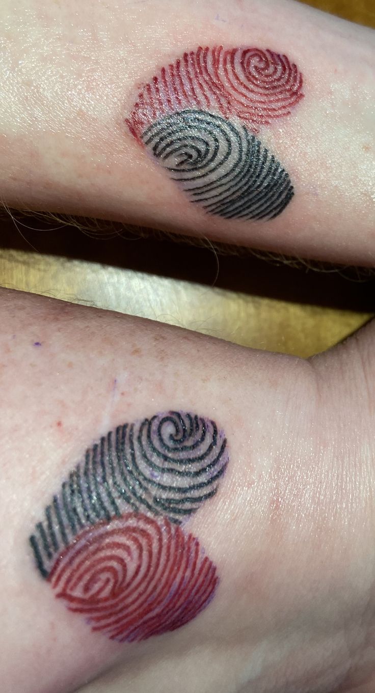 two matching finger prints on the wrists of people's hands, with red and black ink