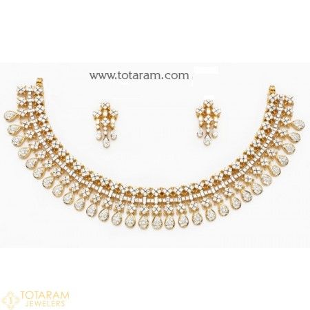 18K Diamond Necklace Sets -VVS Clarity E-F Color -Indian Diamond Jewelry -Buy Online Ruby Diamond Necklace, Indian Diamond Jewellery, Necklace Set Indian, Diamonds Necklace, Diamond Necklace Set, Necklace Sets, Gold Diamond Necklace, Indian Wedding Jewelry, Rings Set