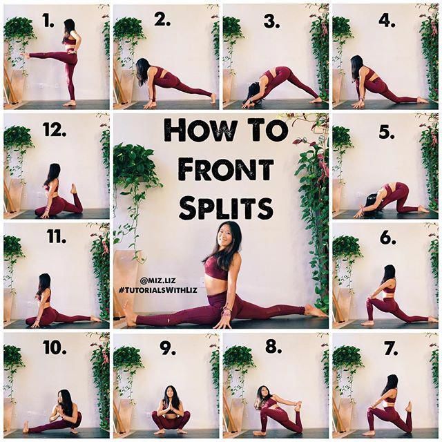 a woman doing yoga poses with the words how to front splits