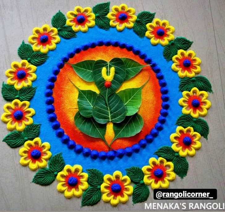 a colorful circular design with leaves and flowers