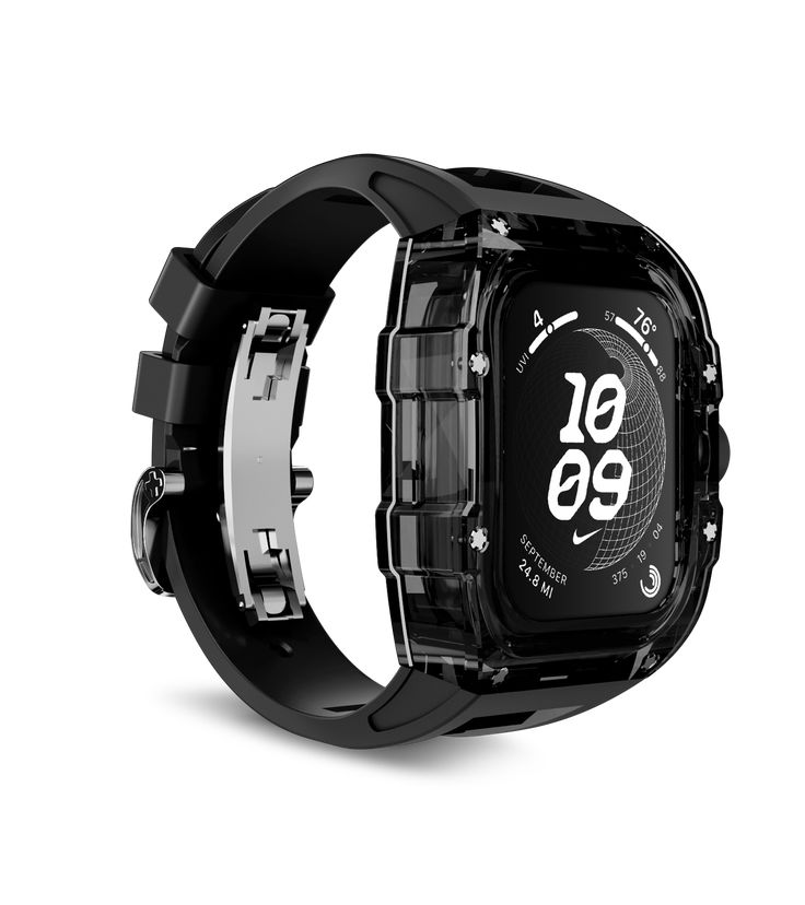 Embrace sophistication and functional design with the Core Clear - Shadow Black. Expertly crafted to epitomize modern elegance, this variant introduces a semi-transparent polycarbonate case in a sleek black hue, artfully paired with an exquisite black FKM rubber strap. Indulge in luxury with our signature "OmniTouch" feature, allowing seamless access and interaction with your Apple Watch. This rendition exudes refined precision, effortlessly merging style with functionality, ensuring an elevated experience. Modern Black Watch Accessories For Formal Occasions, Luxury Black Rectangular Watch Accessories, Luxury Black Rectangular Watch, Modern Black Watch With 10atm Water Resistance, Luxury Black Rectangular Watch Bands, Modern Black Watch Bands For Formal Occasions, Rectangular Black Wear-resistant Watch Accessories, Timeless Black Rectangular Watch, Modern Wear-resistant Black Watch Bands