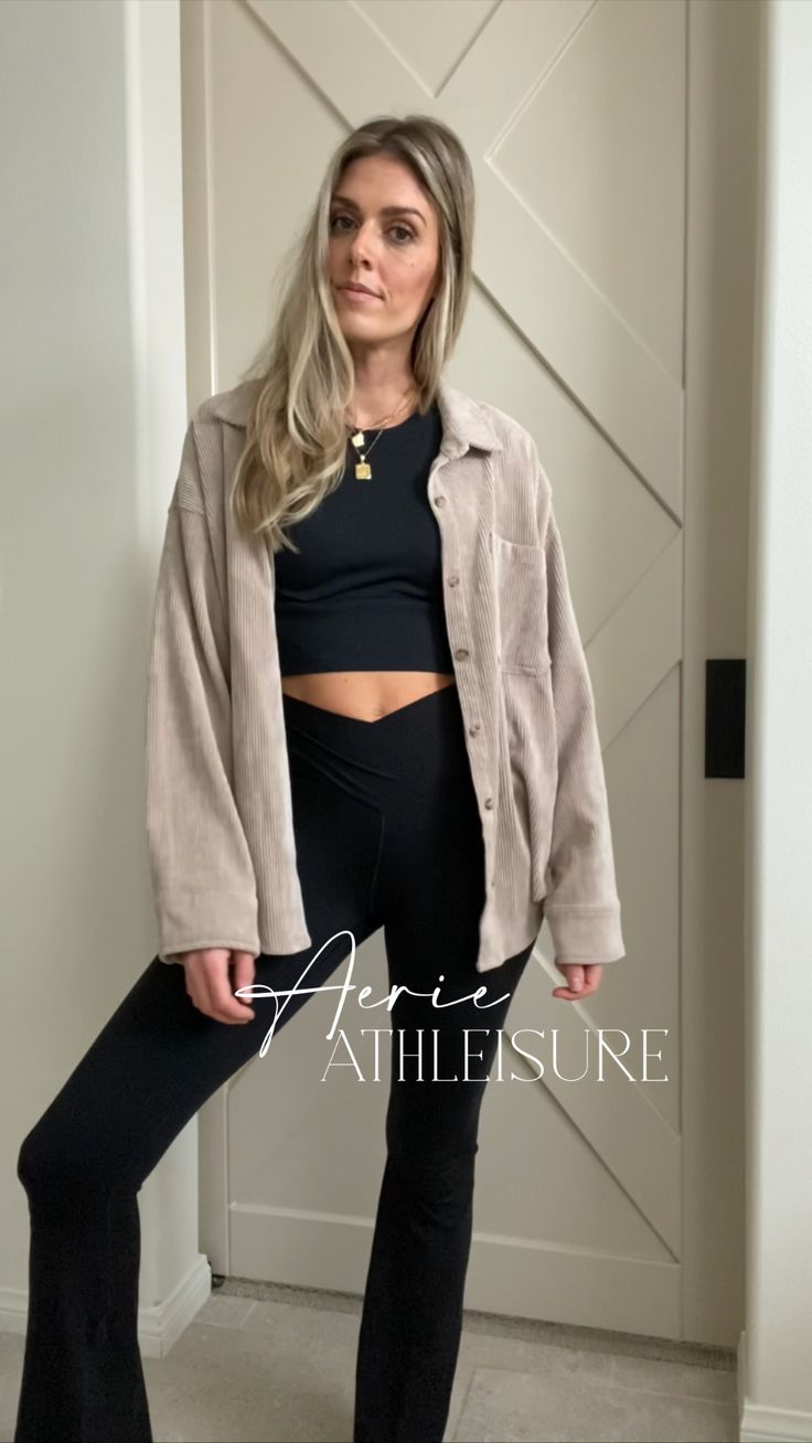 Click to shop! // Aerie, athleisure, workout wear, loungewear, flare leggings, black leggings, crossover leggings, everyday outfits, comfy outfits, mom style, mom outfits, black legging outfits, spring 2023 outfits, summer 2023, outfits, fall 2023 outfits, winter 2023 outfits, shacket outfits, daytime outfits, pilates outfits, workout outfits, fashion blogger, casual fashion, affordable fashion, basic outfits, outfit blogger, effortless outfits Simple Spring Work Outfits, Legging Outfits Spring, Aerie Athleisure, Black Legging Outfits, Outfits Winter 2023, Shacket Outfits, Outfits Fall 2023, Pilates Outfits, Daytime Outfits