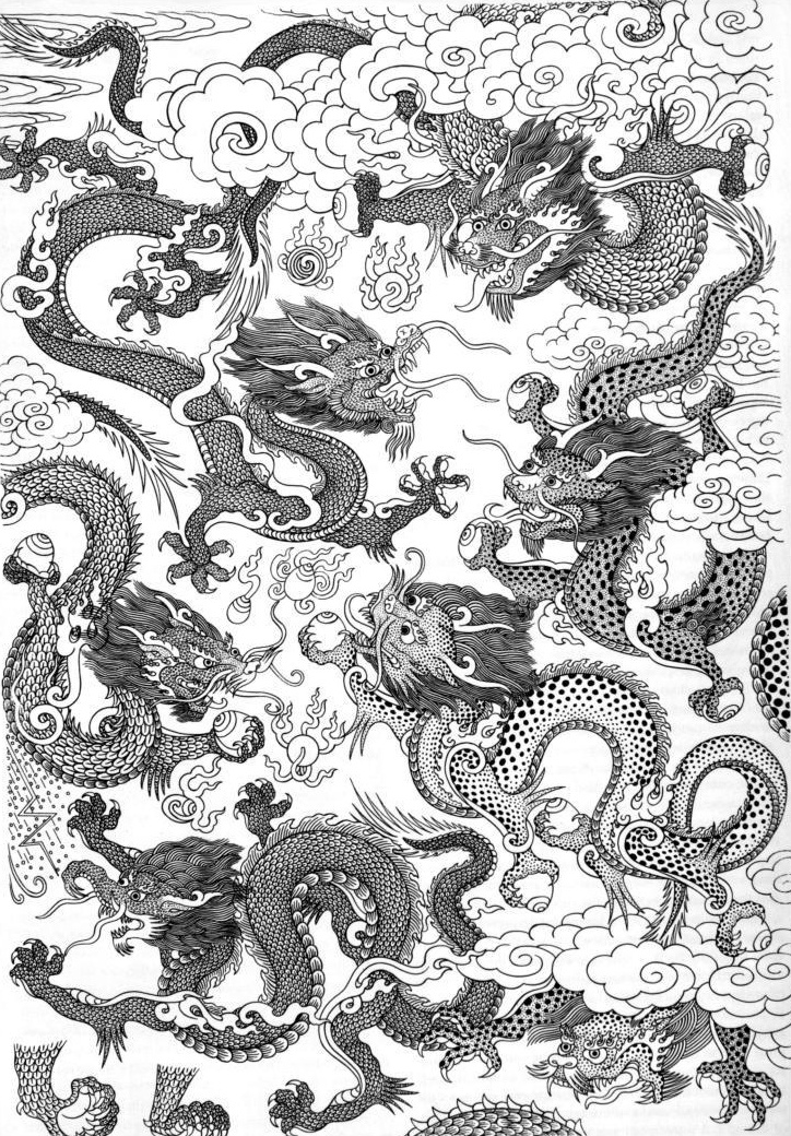 black and white drawing of two dragon in the sky, with clouds above each other