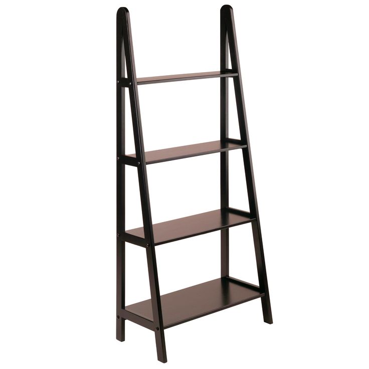 a black ladder shelf with three shelves on each side and an arrow above the top