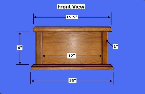 a wooden shelf with measurements for the front view and back view, on a blue background