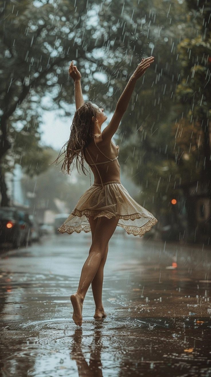 Women In The Rain, Outdoor Ballet Photography, Head Tilted Back, Rain Photos, Rainy Photoshoot, Rain Song, Woman In White Dress, Rainy Mood, Dancing Woman