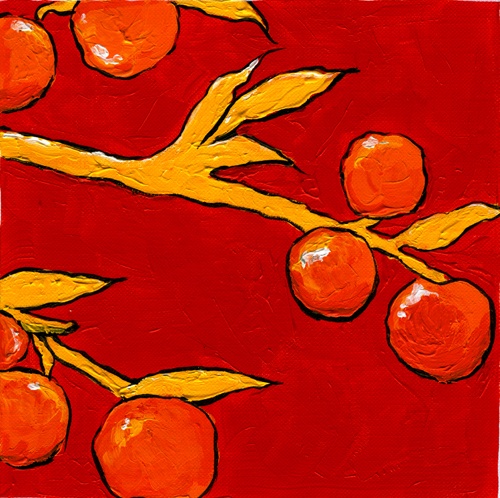 an abstract painting of oranges on a red background with yellow stems and leaves in the foreground