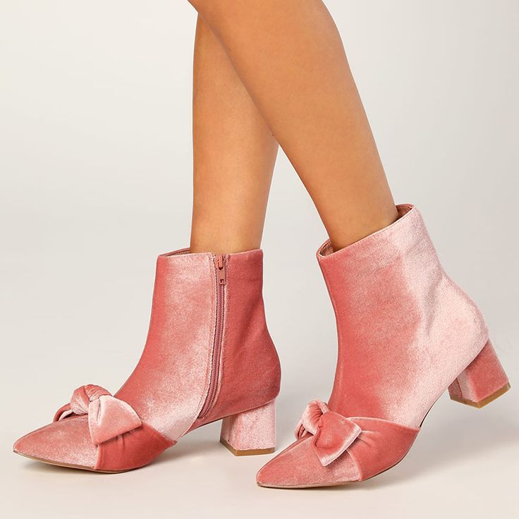 Elevate your style with these Women's Pink Velvet Chunky Heel Ankle Boots. Almond toe design, adorned with charming bows. Perfectly blending sophistication and flair for any fashion-forward ensemble. Color: Pink Material: Velvet Heel Type: Chunky heel Heel Height: 1.57" / 40 mm approx Product measurements were taken using size 8. Please note that measurements may vary by size. Toe: Almond toe Bow embellishment Side zipper closure Handcrafted US sizing. Fits true to size. Boots With Bows, Chunky Heel Ankle Boots, Bow Boots, Rose Velvet, Velvet Boots, Lulu Fashion, Velvet Heels, Personal Assistant, Chunky Sandals