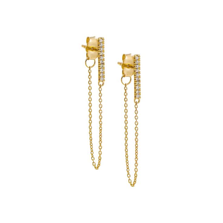 14K Gold / Pair Diamond Pave Bar Front Back Chain Stud Earring 14K - Adina's Jewels Elegant Gold Linear Earrings With Cable Chain, Elegant Gold Cable Chain Earrings, Elegant Gold Earrings With Cable Chain Detail, Yellow Gold Earrings With Adjustable Chain For Anniversary, Elegant Gold Earrings With Cable Chain, Elegant Dangle Earrings With Cable Chain, Yellow Gold Linear Earrings For Formal Occasions, Yellow Gold Earrings For Anniversary, Formal Yellow Gold Linear Earrings With Adjustable Chain