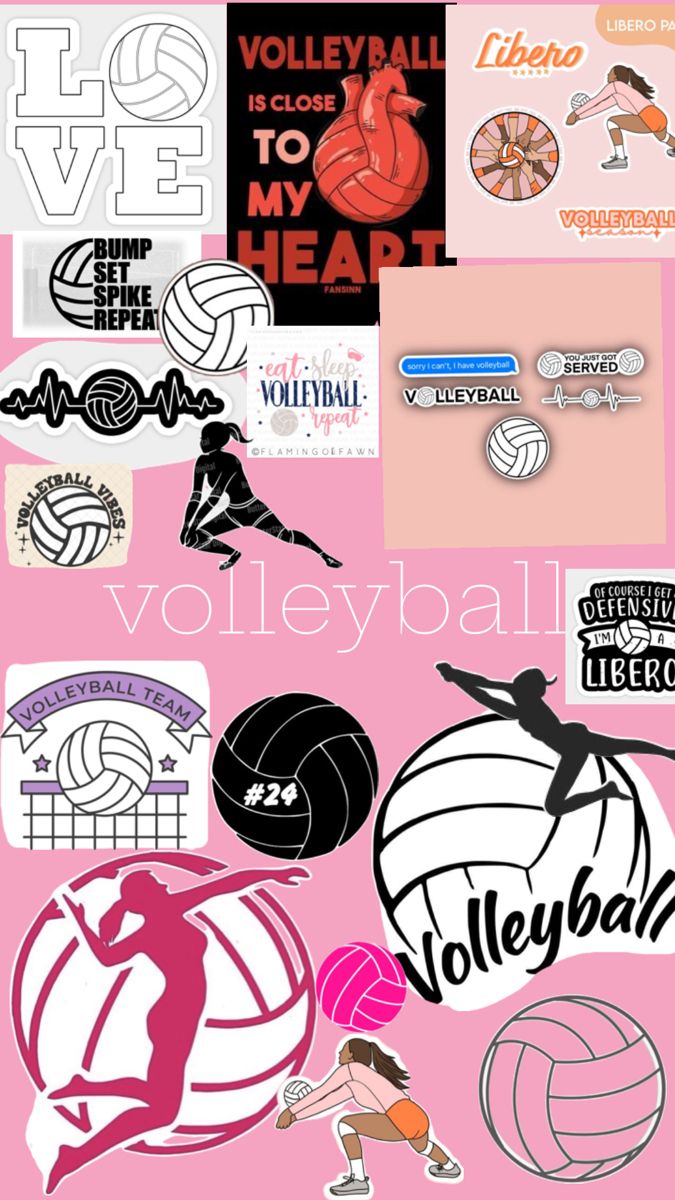 volleyball stickers and decals are shown on a pink background with the words volleyball