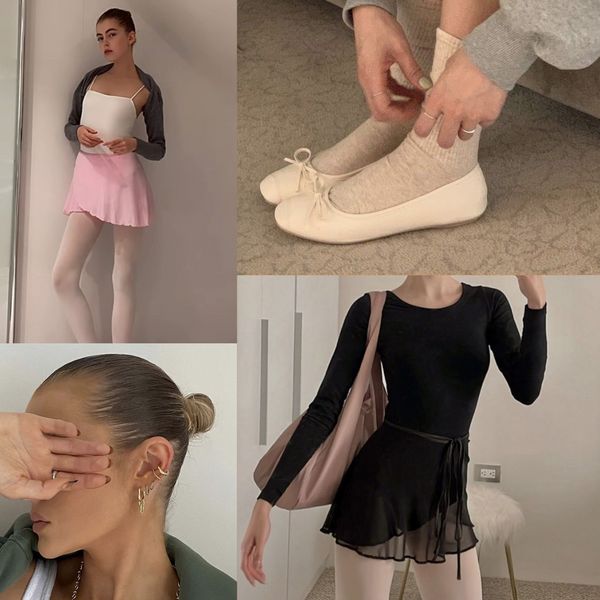 four different pictures of a woman in ballet clothes and holding her hand up to her face