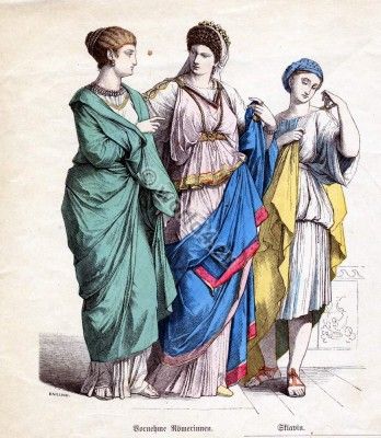 an old fashion book with three women dressed in different styles and colors, one wearing a dress