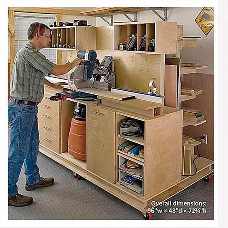 a man standing in front of a workbench holding a driller and paper