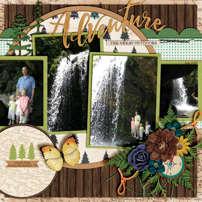 a scrapbook page with an image of two people and a waterfall in the background