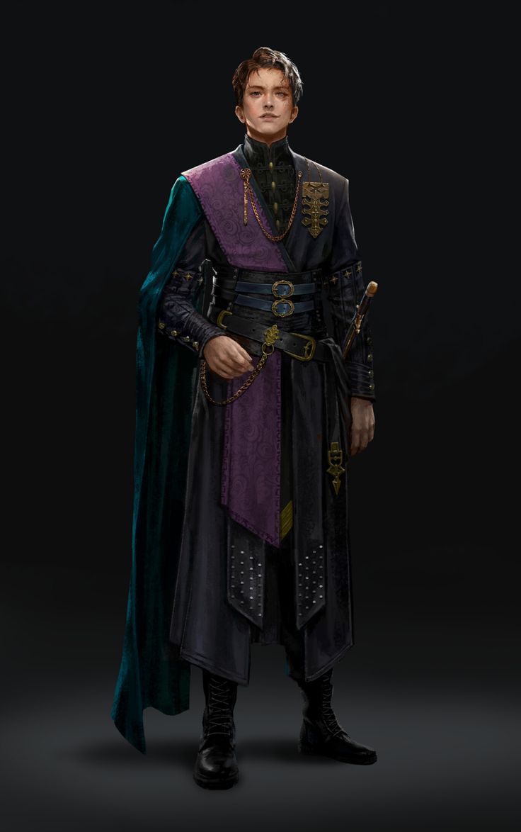 a man dressed in black and purple with a green cape on his head, standing against a dark background