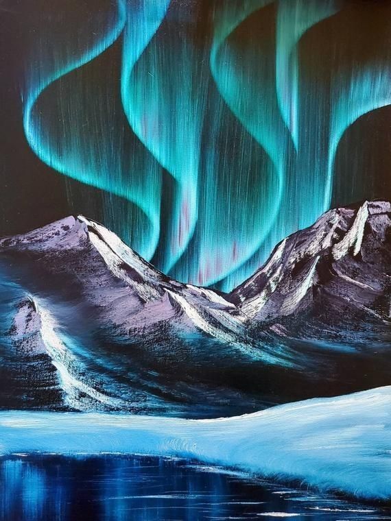 a painting of the northern lights over mountains