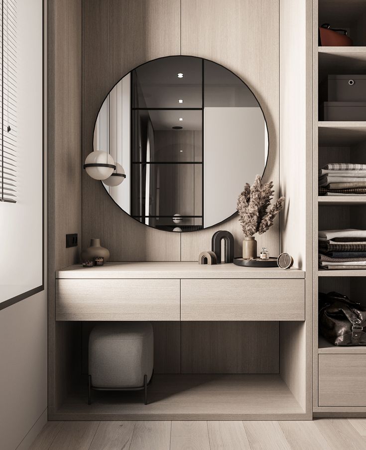 a bathroom with a mirror, sink and shelves on the wall next to each other