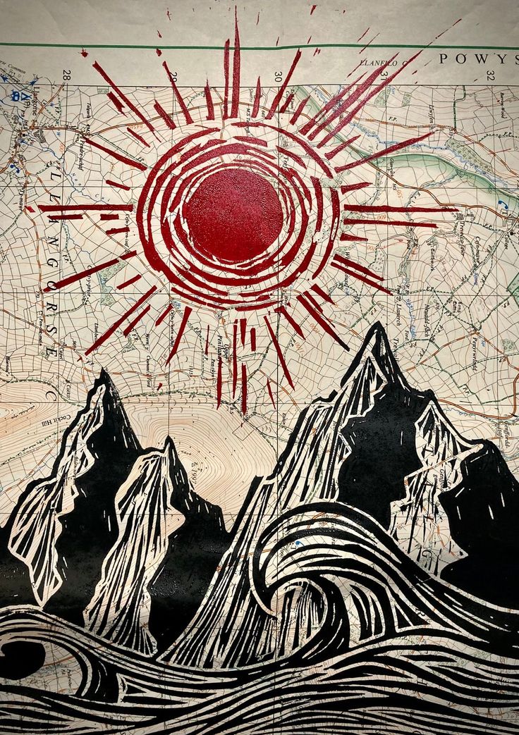 a drawing of mountains with a sun above them and water in the foreground, on top of a map