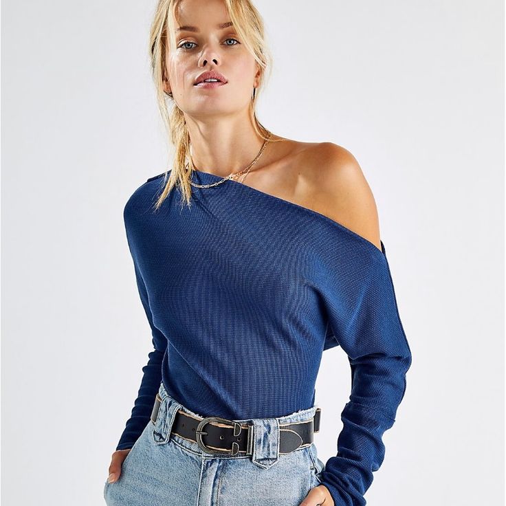 Free People Off The Shoulder Waffle Knit Shirt. New With Tags. Size Small Chic Blue Long Sleeve Knit Top, Chic Blue Ribbed Top, Casual Denim Blue Top For Winter, Casual Denim Blue Winter Top, Blue Tops For Winter Layering, Chic Blue Ribbed Sweater, Casual Blue Ribbed Knit Top, Trendy Blue Long Sleeve Knit Top, Winter Ribbed Blue Tops