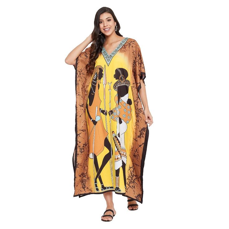 100% Polyester V- Neck Closure Closure Material: 100% Polyester Size: Fits Perfectly To Us Plus Size 1x To 3x Pattern: Lady Tribal Color: Brown & Yellow Length: 52 Inches Sleeve Style: 3/4 Sleeve Medel: Sg152-8370 Care Instruction: Hand Wash/Machine Wash Uses: Wedding Gown, African Dress, Caftans, Tunic, Bohemian Dress, Medieval Dress, Robes, Kaftans, Boho Dress, Poncho, Swim Cover-Up, Sleepwear, Maxi Dress, Nighty, Sundress, Loungewear, Loose Fits, Plus Size Clothing, Beach Resort Fashion Dress Yellow V-neck Beach Dress For Spring, Yellow Flowy Dress For Beach Cover-up, Yellow Sleeveless Bohemian Beach Dress, Yellow Sleeveless Maxi Dress For Beach, Yellow Sleeveless Maxi Dress Beach Cover-up, Yellow Sleeveless Beach Dress Cover-up, Yellow V-neck Beachwear Maxi Dress, Yellow Printed Beach Cover-up Dress, Flowy Yellow Maxi Dress For Beachwear