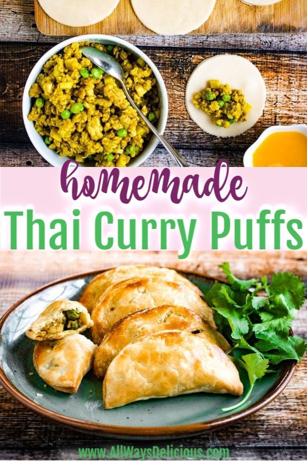 homemade thai curry puffs on a plate with dipping sauce and other foods in bowls