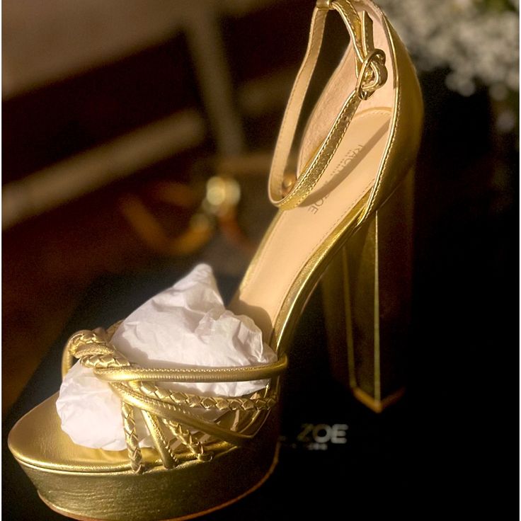 New Shoes. Gold Heels With Wrapped Heel And Round Toe, Gold Platform Sandals For Formal Occasions, Luxury Gold Platform Heels, Gold Platform Heels For Gala, Luxury Gold Block Heel Heels, Luxury Gold Block Heels, Luxury Wedding Shoes With 4-inch Heel, Chic Gold Open Toe Wedding Shoes, Luxury Closed Toe Platform Heels