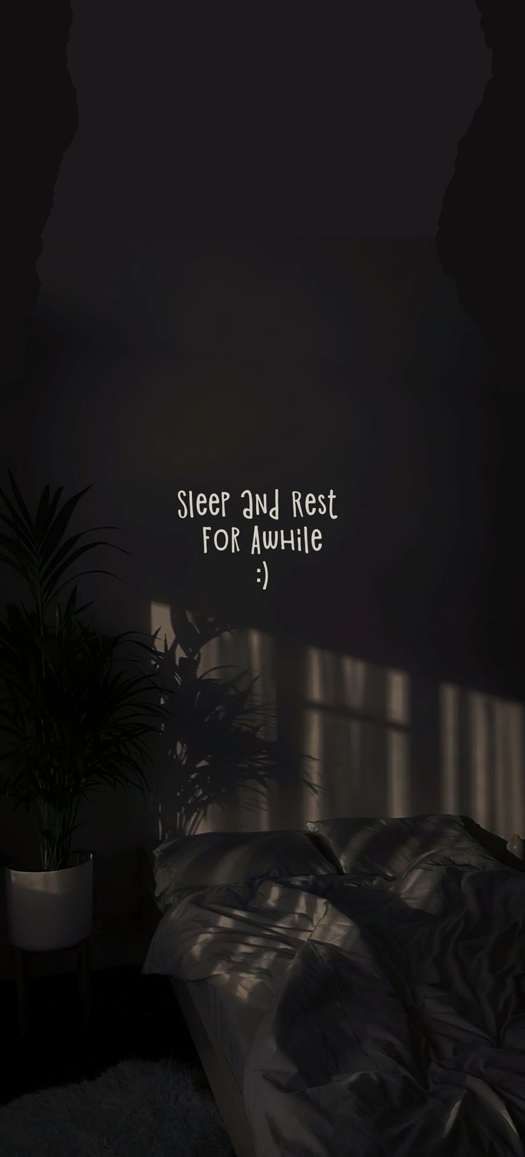 there is a bed with white sheets and pillows in the dark, it says sleep and rest for awhile