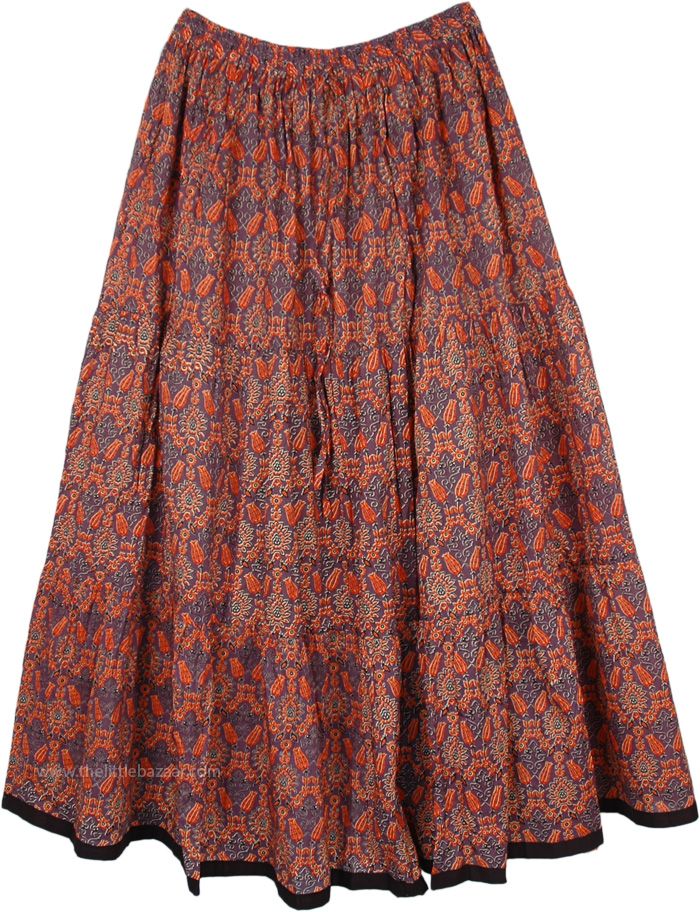 Peasant Style Long Summer Skirt in Cotton Printed | Grey | Misses, Tiered-Skirt, Maxi Skirt, Peasant, Floral, Printed Brown Cotton Long Skirt, Long Brown Cotton Skirt, Orange Bohemian Skirt With Elastic Waistband, Bohemian Orange Skirt With Elastic Waistband, Orange Tiered Lined Maxi Skirt, Brown Long Cotton Skirt, Flowy Orange Maxi Skirt With Elastic Waistband, Red Cotton Lined Maxi Skirt, Red Cotton Maxi Skirt With Lining