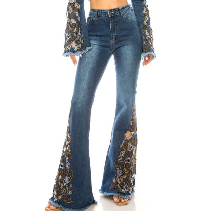 Flare Embroidered Denim Jeans Are Versatile And Stylish. They Have Intricate Embroidery And A Flattering Flare Cut. Available In Sizes S(3/5) To Xl(11/13). Made From 98% Cotton And 2% Spandex. Embroidered Mid-rise Flare Jeans For Fall, Mid-rise Embroidered Flare Jeans For Fall, Embroidered Denim Flare Jeans For Fall, Fall Embroidered Denim Flare Jeans, Embroidered Dark Wash Mid-rise Bottoms, Embroidered Mid-rise Dark Wash Bottoms, High Rise Floral Embroidered Jeans, Mid-rise Fitted Embroidered Flare Jeans, Fitted Mid-rise Embroidered Flare Jeans