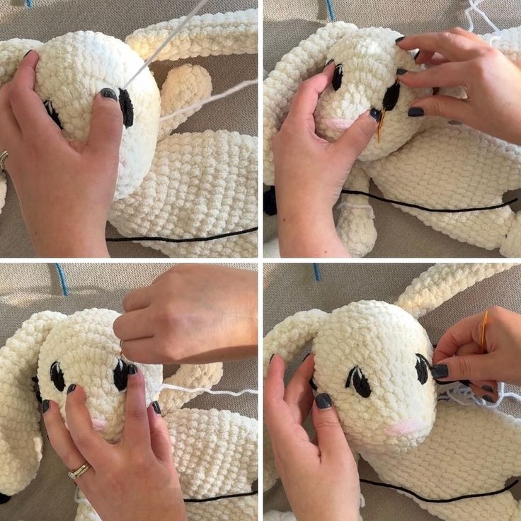 four images show how to crochet a sheep