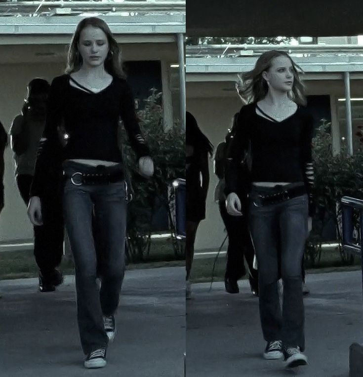 two pictures of a woman walking down the street with her hand in her pocket and wearing black