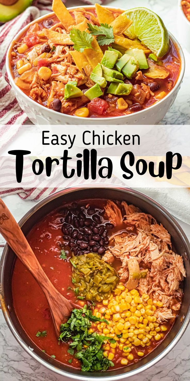 easy chicken tortilla soup in a pot with corn and avocado