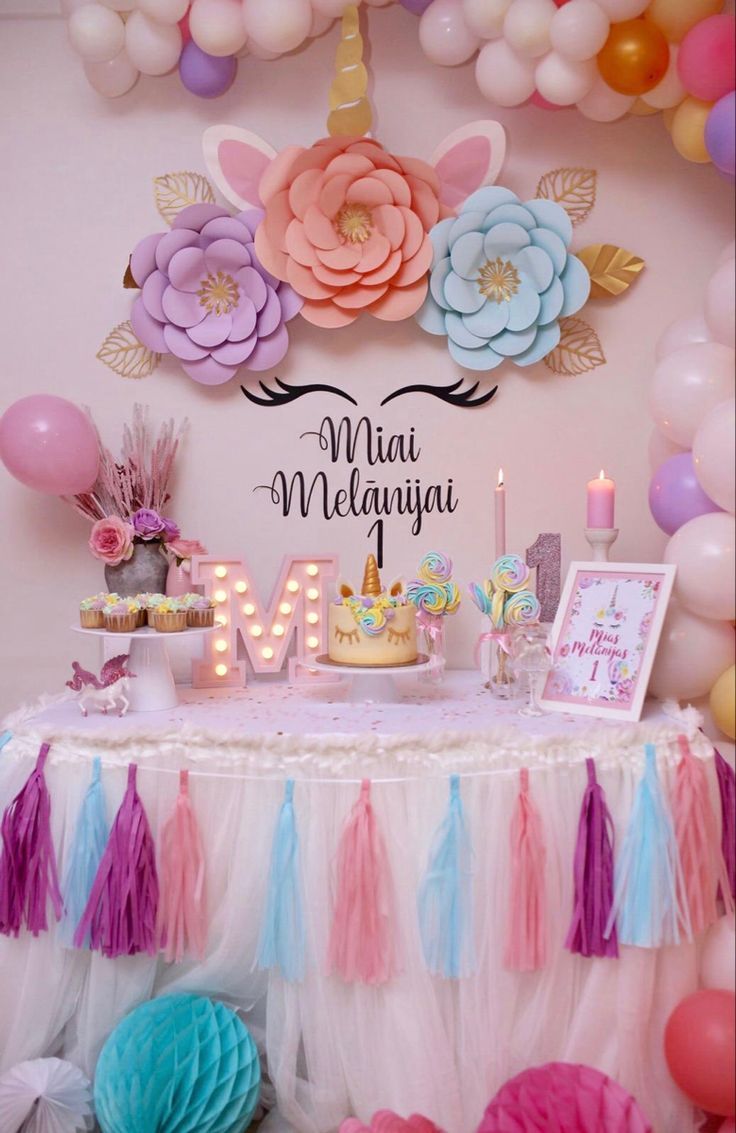 a table topped with lots of balloons and cake next to a sign that says mia melanin