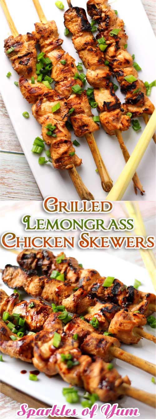 grilled lemongrass chicken skewers on a white plate