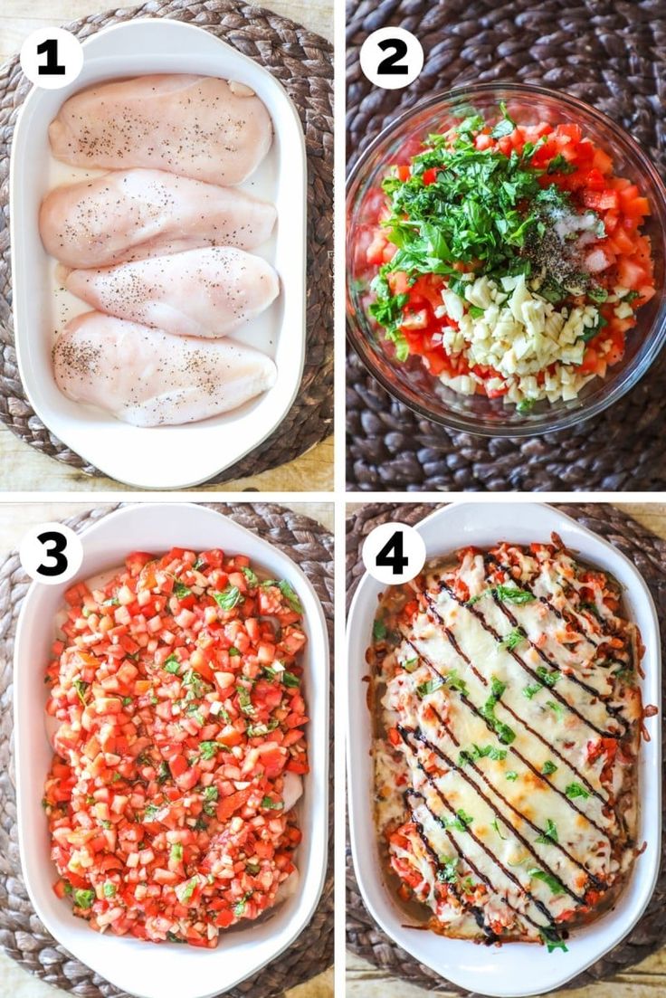 four pictures showing how to make chicken enchiladas