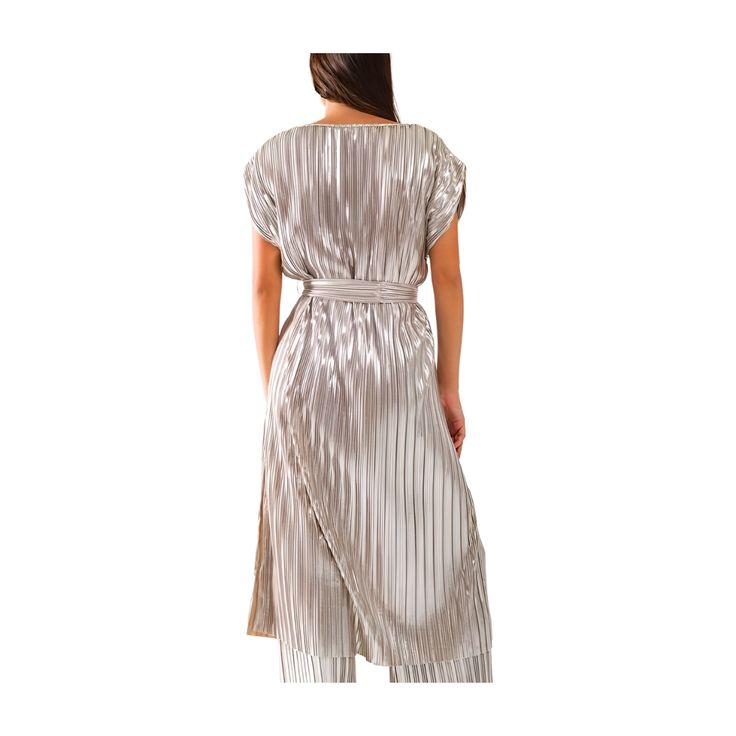 The Silver Pleated Dress shines with its elegant pleats and comes with a matching belt to accentuate your waistline. Perfect for holiday parties or evening events, style it with metallic heels and simple jewelry for a polished, glamorous look. Shop more Dresses Silver Metallic Pleated Short sleeves Midi length Crew neckline Tie waist belt 100% polyester Still not sure which size to get? Ask one of our stylists! Please give us a call at 856-452-5821 during our regular business hours. Silver Pleated Dress, Dresses Silver, White Jumpsuit Dress, Metallic Heels, Silver Dress, Denim Leggings, Simple Jewelry, Short Rompers, Pleated Dress