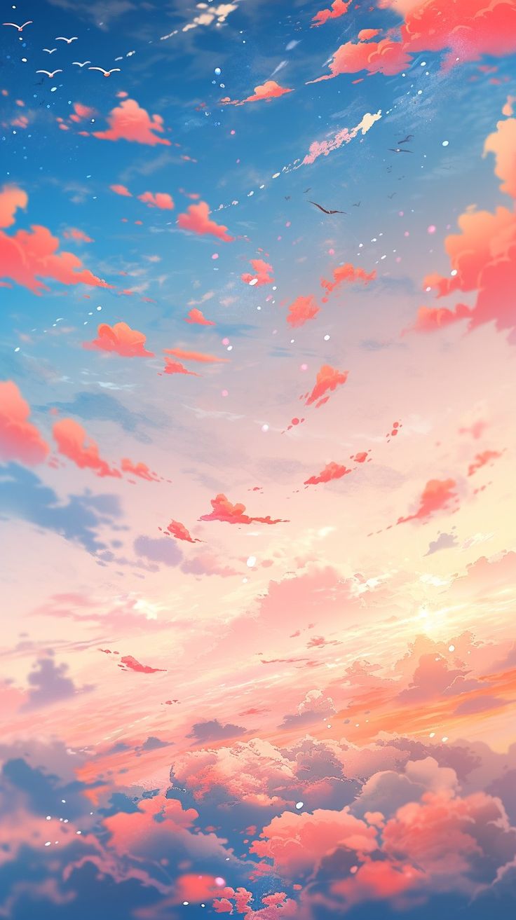 the sky is filled with pink clouds and birds flying in the air at sunset or dawn