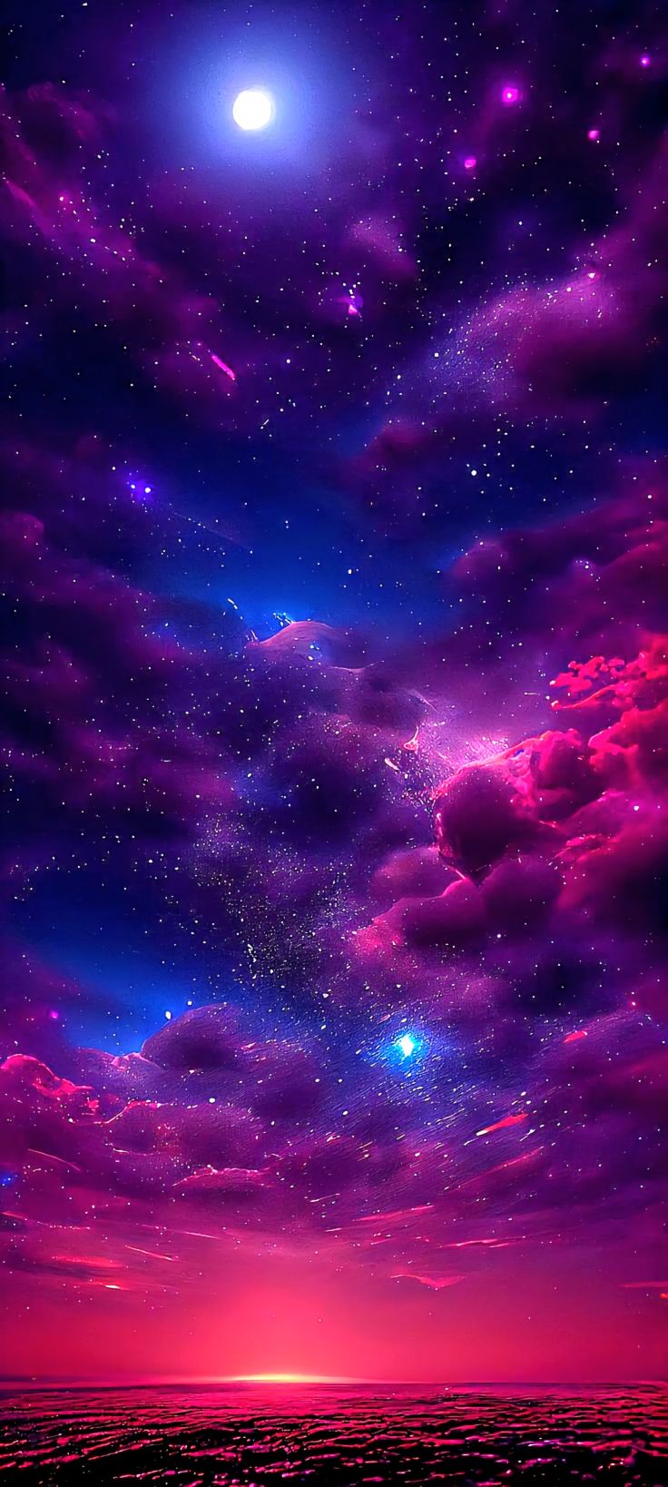 the night sky is filled with stars and clouds, as well as pink hues