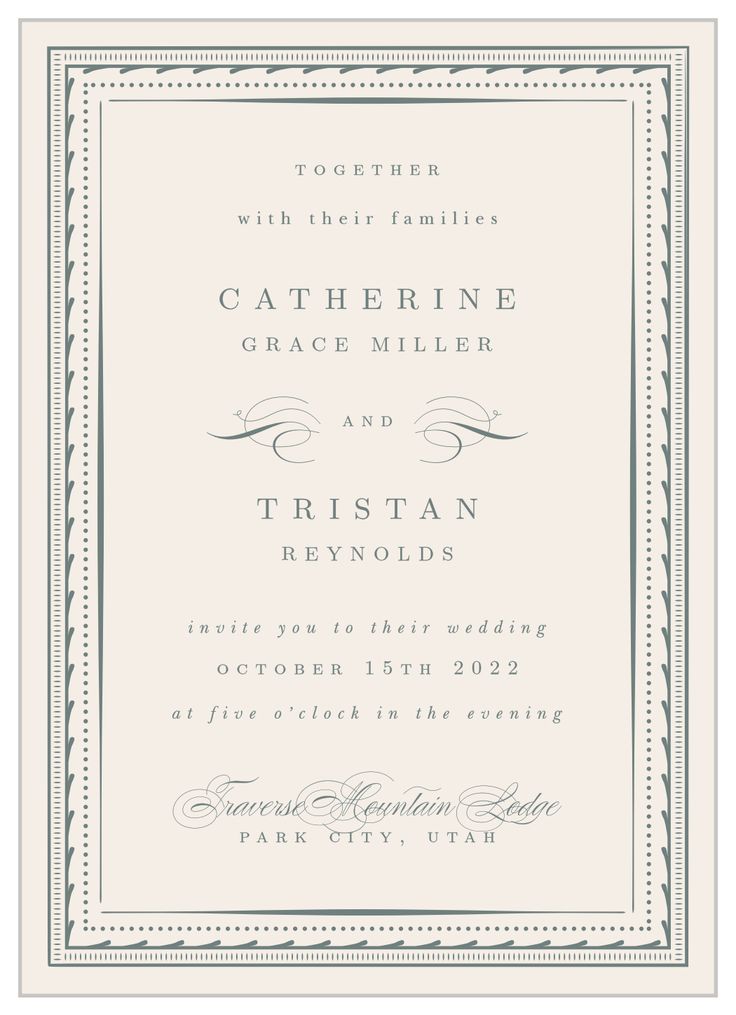 a wedding card with an ornate frame on the front and bottom, in blue ink